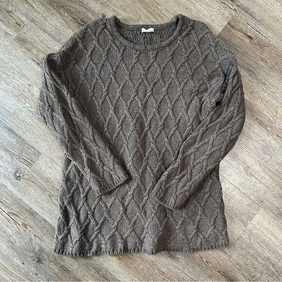 J. Jill Pure Chunky Cable Knit Wool Blend Crewneck Sweater Brown Neutral Medium - Picture 1 of 4